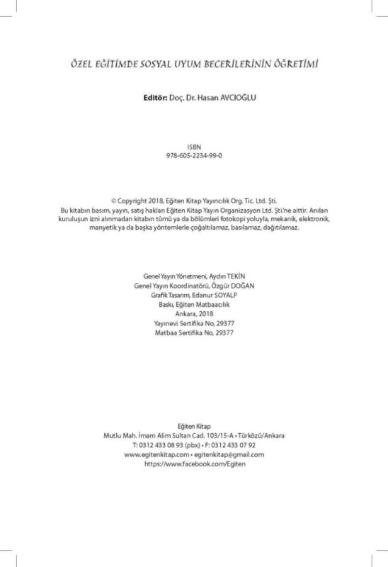 ÖZEL EĞİTİMDE SOSYAL UYUM BECERİLERİNİN ÖĞRETİMİ Ed: Doç. Dr. Hasan AVCIOĞLU