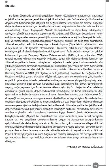 ZİHİNSEL ENGELLİ BİREYLER İÇİN BECERİ SAPTAMA FORMU