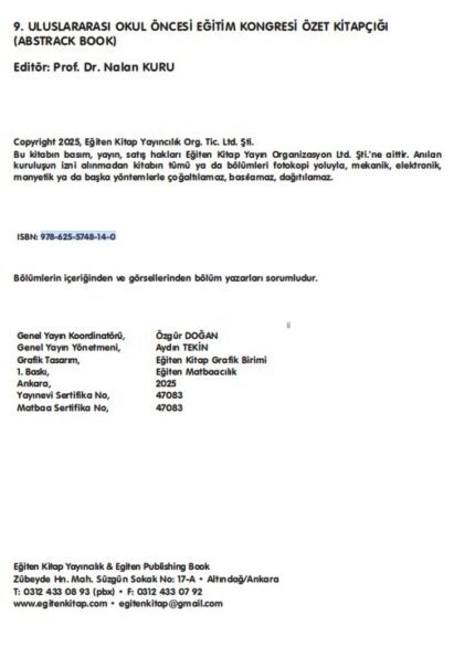 9. ULUSLARARASI OKUL ÖNCESİ EĞİTİM KONGRESİ ÖZET KİTAPÇIĞI  (ABSTRACK BOOK)